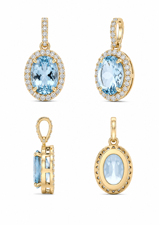 Aquamarijn & diamanten hanger - 18K/750 geelgoud