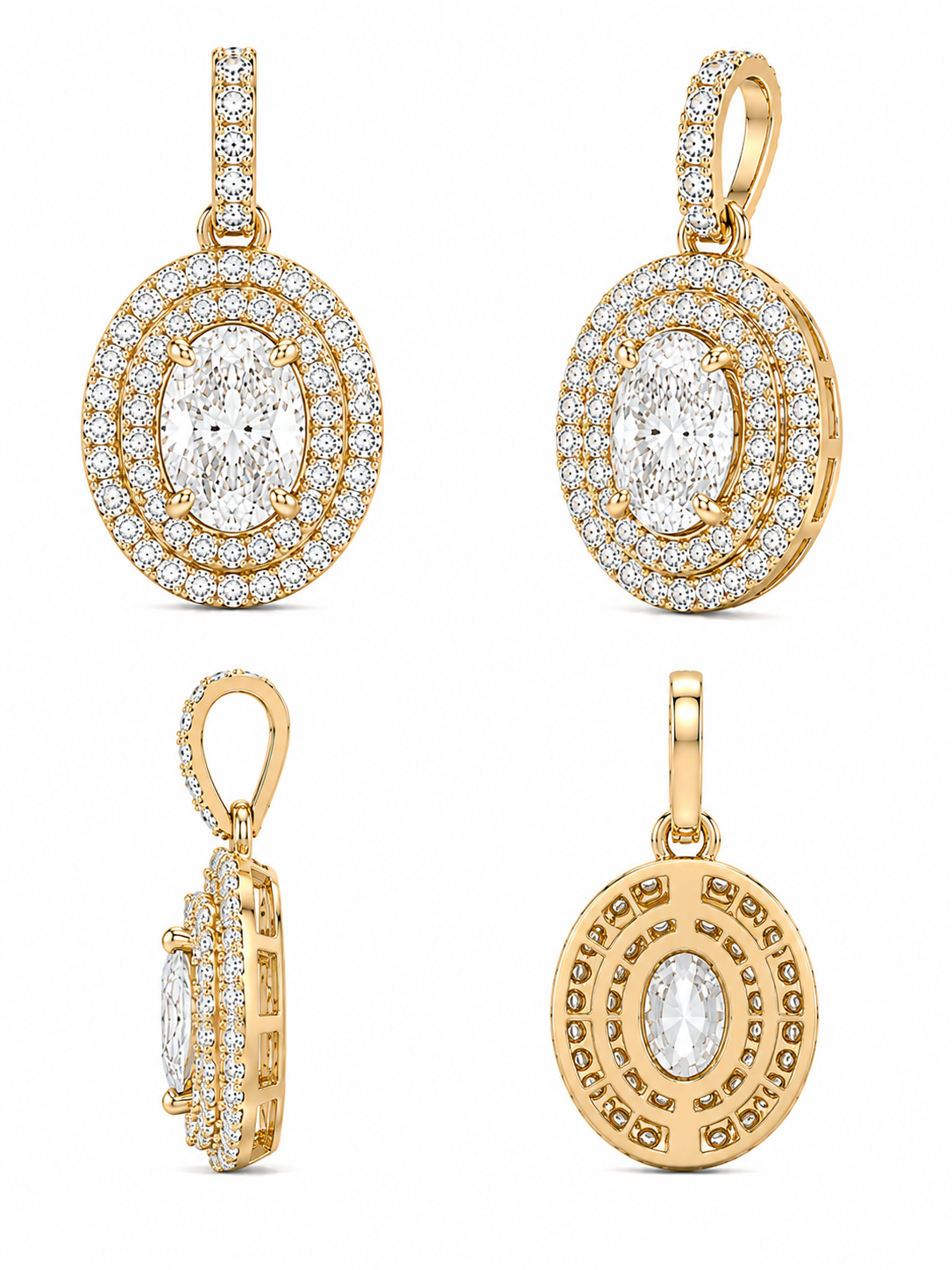 Pendentif diamant ovale double halo - or jaune 18K/750