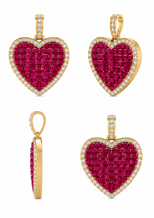Hartvormige hanger met robijn en diamanten - 18k geelgoud