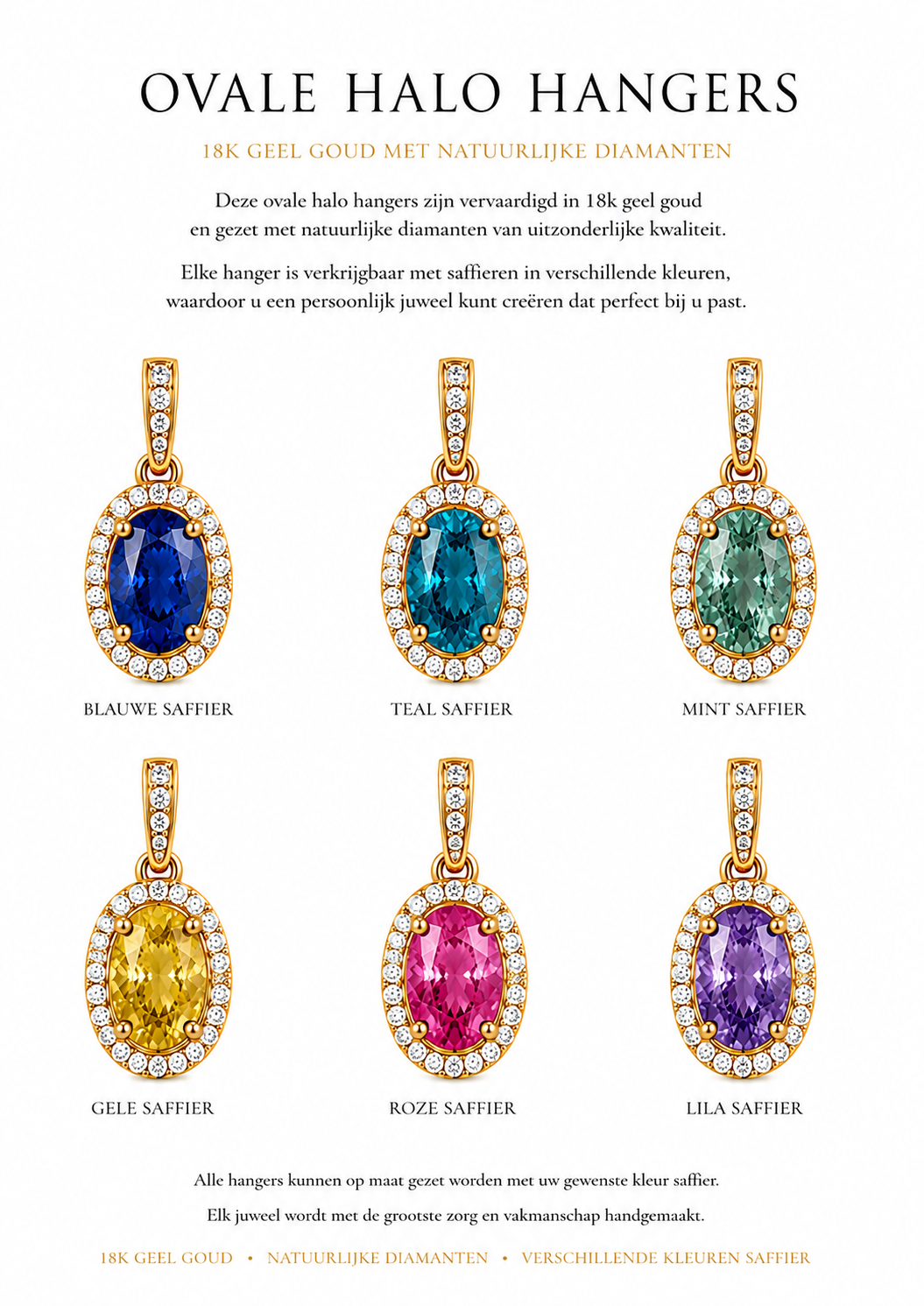 Pendentifs Ovales Halo en Or Jaune 18K, Saphirs &amp; Diamants Naturels