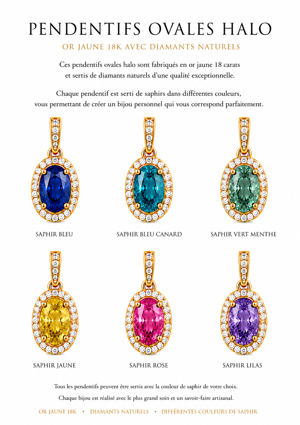 Pendentifs Ovales Halo en Or Jaune 18K, Saphirs &amp; Diamants Naturels