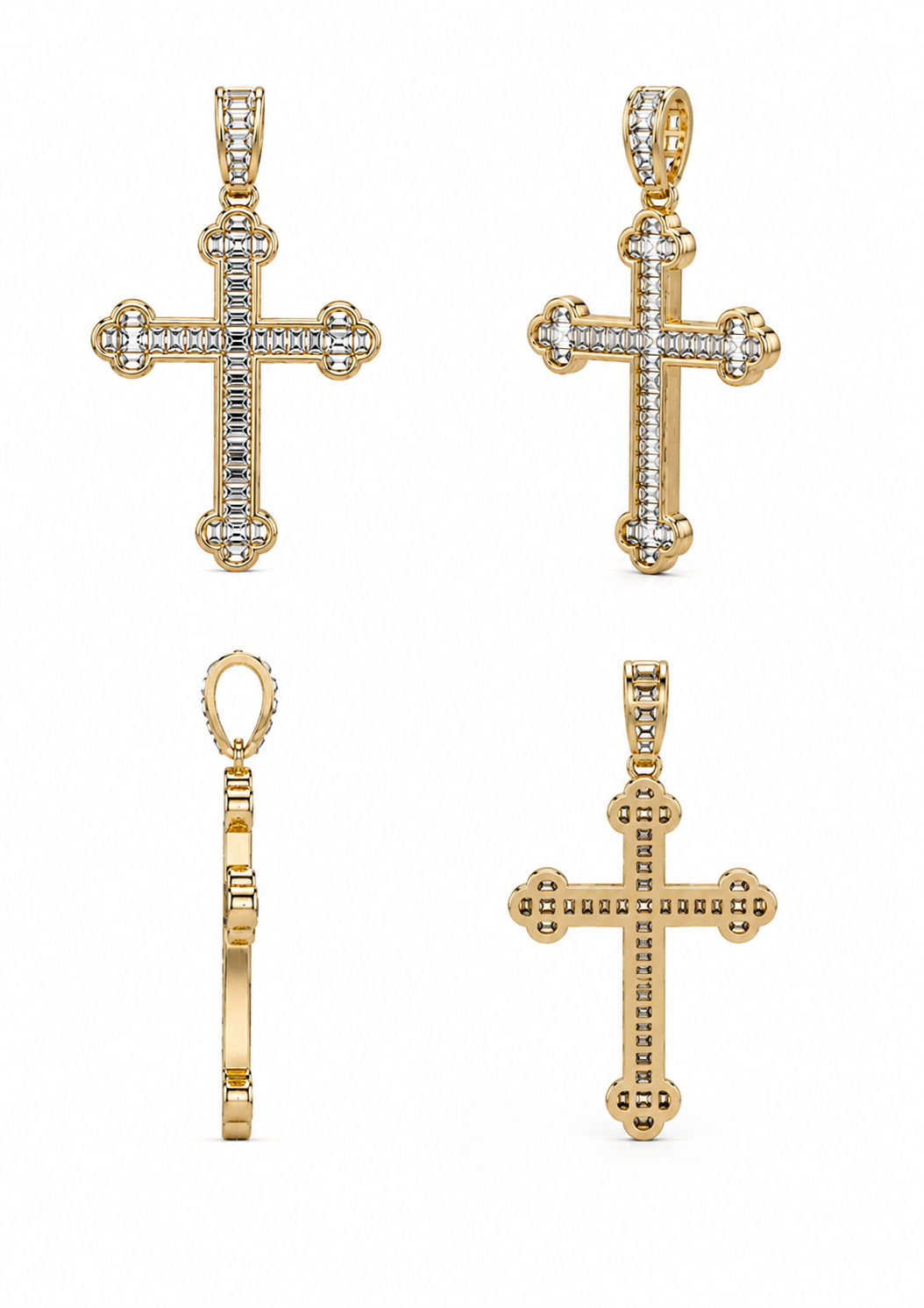Pendentif croix en or jaune 18k - diamants baguette