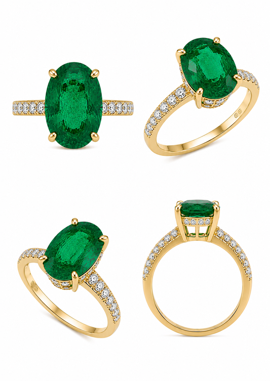Bague de cocktail en or jaune avec émeraude ovale et diamants pavés