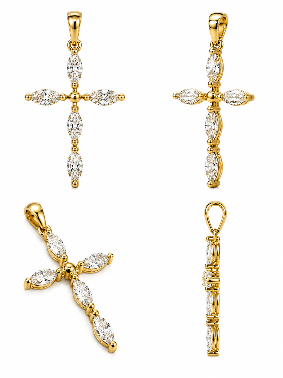 Pendentif Croix en Or Jaune 18K - Diamants Marquise