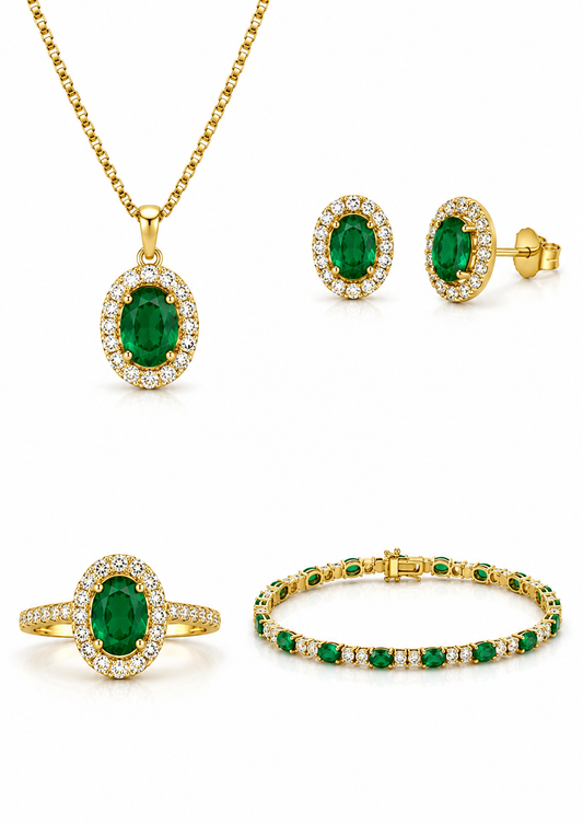 Sieradenset Smaragd en Diamant – 18K Geelgoud