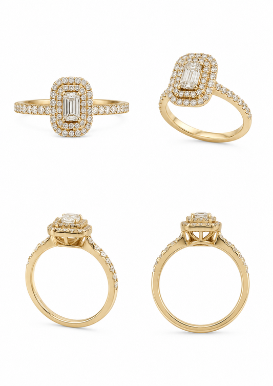Geelgouden ring - dubbele halo - Smaragd slijpsel