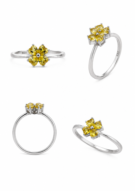 Bague en argent 925, sertie de zirconiums jaune coupe ' coeur ', argent rhodié, 3,19 g